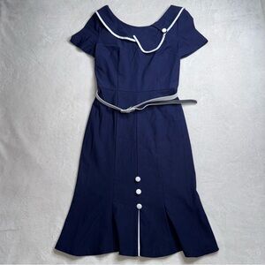 MUXXN Sailor Collar Short Sleeve Pinup Cocktail Blue Dress with Belt Size Small